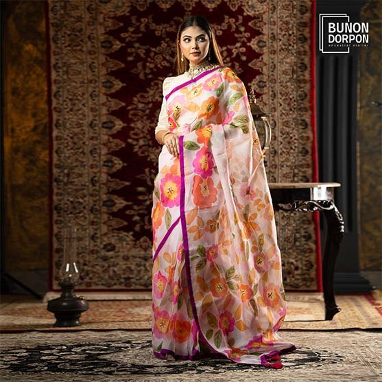 Pink Peony Opulent Floral Hand Painted Silk Saree